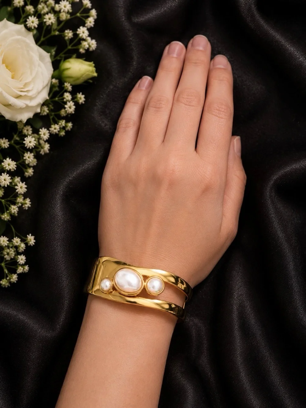 Vintage 18 K Gold plated Cuff Bracelet with Pearl Accents - Picture 14 of 14